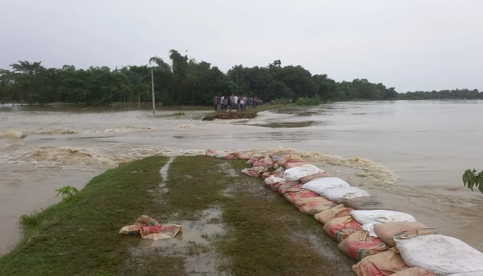 মনু নদীর বাঁধ ভেঙে হু হু করে ঢুকছে পানি